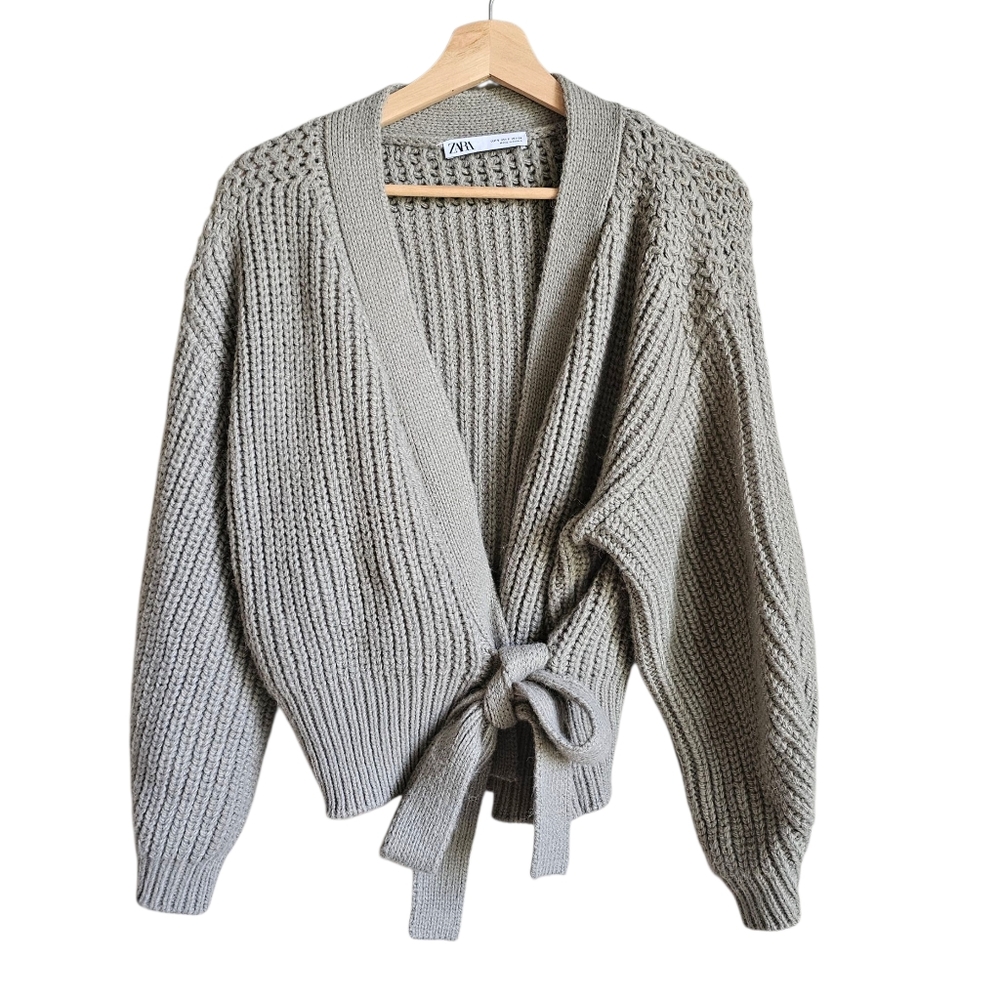 Zara Gray Green Knit Wrap Tie-Front Sweater